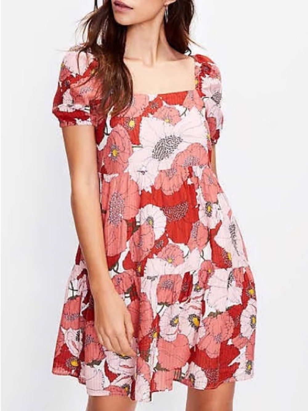 LOFT Poppy Square Neck Puff Sleeve Mini Dress Womens 4 Petite Pink Floral Preppy